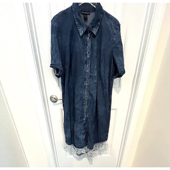 Prairie Style Jean Chambray Denim/Lace Hem Collar Dress Womens 16 Cottage Core - Picture 3 of 11